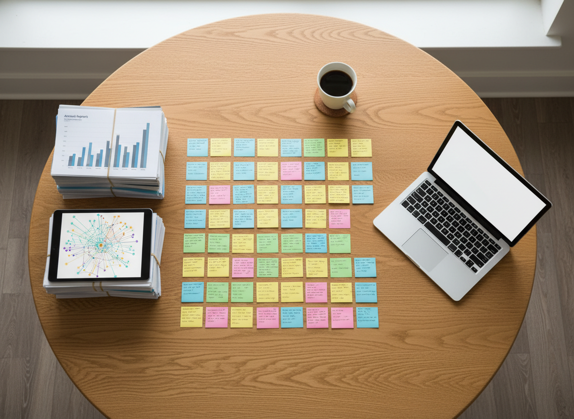 An overhead view of a large oak table covered with the tools of deep research: stacked annual reports with visible but unreadable charts, a tablet showing an abstract network graph, color-coded index cards arranged in neat grids, and a slim laptop with a blank white document open. A ceramic cup of black coffee sits on a coaster near the top edge, adding a touch of warmth. Soft overcast daylight from a nearby window creates even, shadowless illumination, allowing every texture—from the paper fibers to the brushed aluminum laptop— to stand out clearly. The composition is carefully organized with strong geometric lines, conveying methodical analysis and evidence-based consulting journalism in a calm, focused, photographic style.