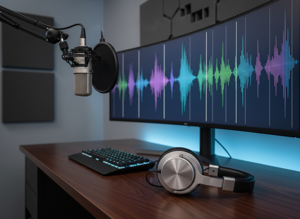 A close-up of a high-end digital audio workstation setup on a dark walnut desk, featuring a pair of over-ear studio headphones resting beside a slim keyboard, a condenser microphone on a shock mount, and an ultra-wide monitor displaying abstract waveforms and timeline markers with no readable text. Subtle LED accent lights run along the back edge of the desk, glowing cool blue against a matte charcoal wall lined with sound-absorbing panels. Soft, focused artificial lighting highlights the metallic textures and smooth plastics, leaving the background gently blurred. Captured from a three-quarter angle with a shallow depth of field, the scene feels modern, meticulous, and investigative, evoking the production side of long-form business interviews and narrative consulting journalism in realistic photographic detail.