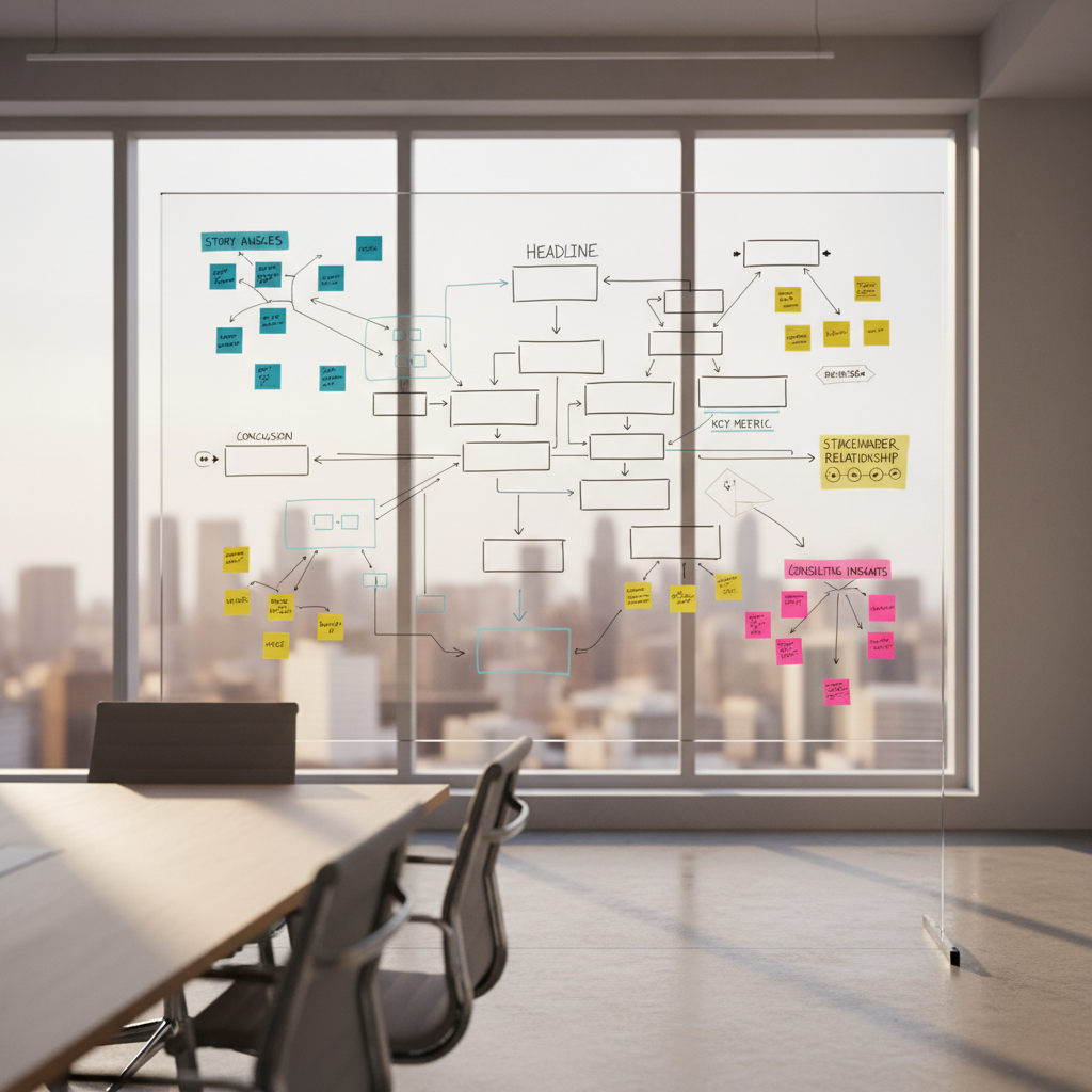 A large transparent acrylic whiteboard standing in a minimalist meeting room, covered with structured diagrams, arrows, and empty placeholders where headlines and data points would be. Color-coded sticky notes are arranged in clusters, suggesting story angles, stakeholder maps, and consulting insights without any readable text. A city skyline is softly visible through floor-to-ceiling windows behind the board. Late afternoon natural light streams in, casting gentle, elongated shadows and creating a reflective sheen on the acrylic surface. Shot from a slightly low angle with the board aligned on the rule of thirds, the composition feels dynamic yet orderly. The atmosphere is analytical and collaborative, conveying the fusion of strategy consulting and investigative journalism in a clean, modern, photographic style.